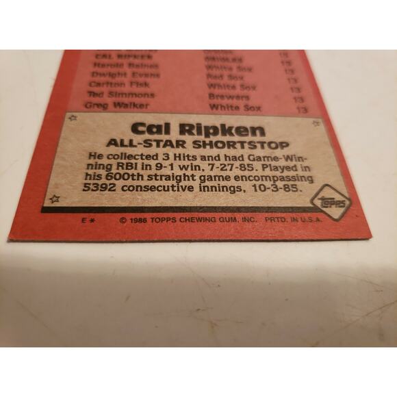 Cal Ripken Jr 1986 Topps #715 - Baltimore Orioles - A.L. All Star Baseball Card - Picture 4 of 4